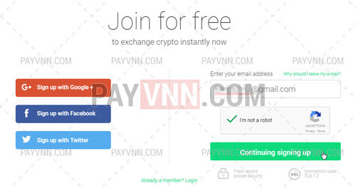 Điền email rồi bấm Cointinuing Signing Up