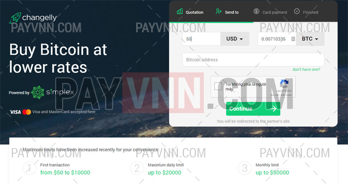 Giao diện mua BTC của Changelly